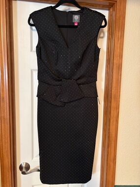 Vince Camuto Black Sparkly Dot Sheath Dress with Peplum Waist stretchy size 6
